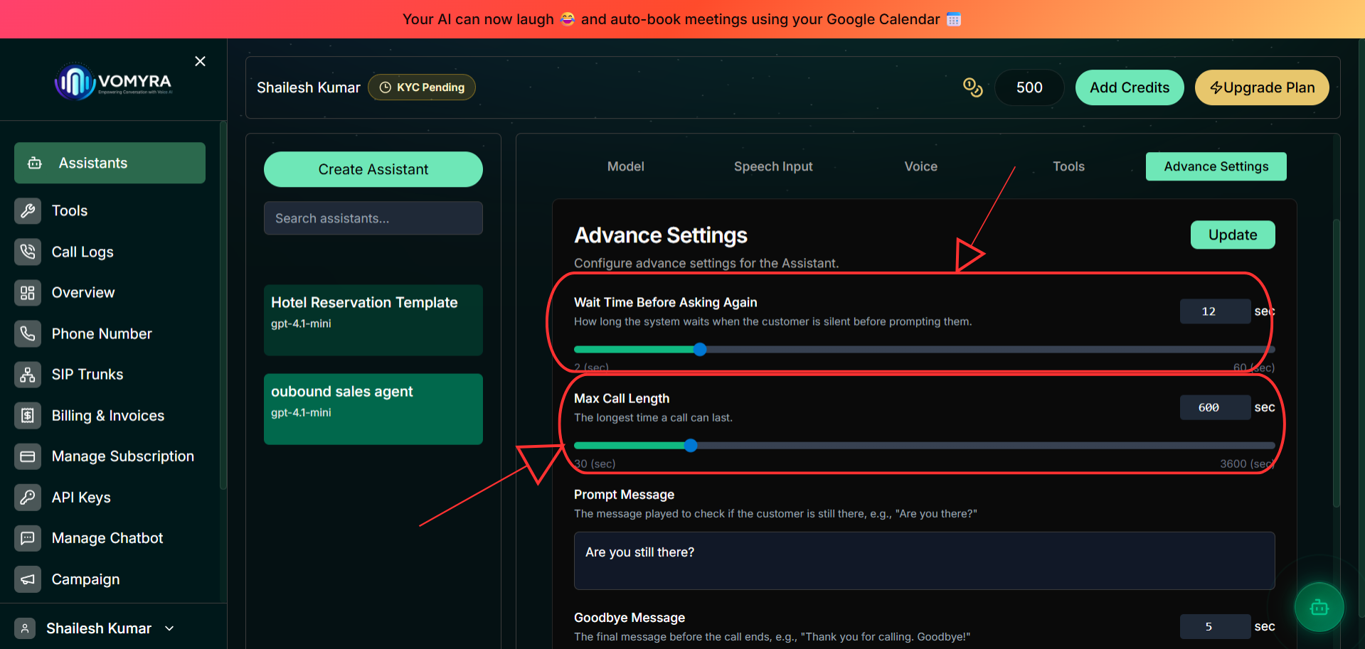 Advance Settings tab showing latency, silence detection, and call duration controls