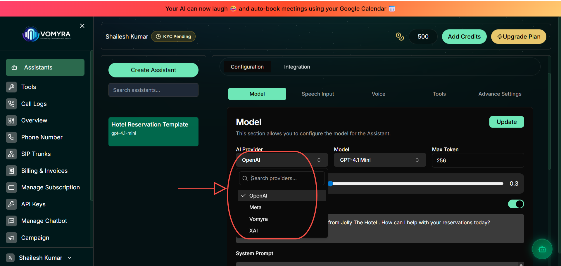 Full Configuration dashboard showing tabs (Model, Speech Input, Voice, Tools, Advance Settings) with the Model tab active