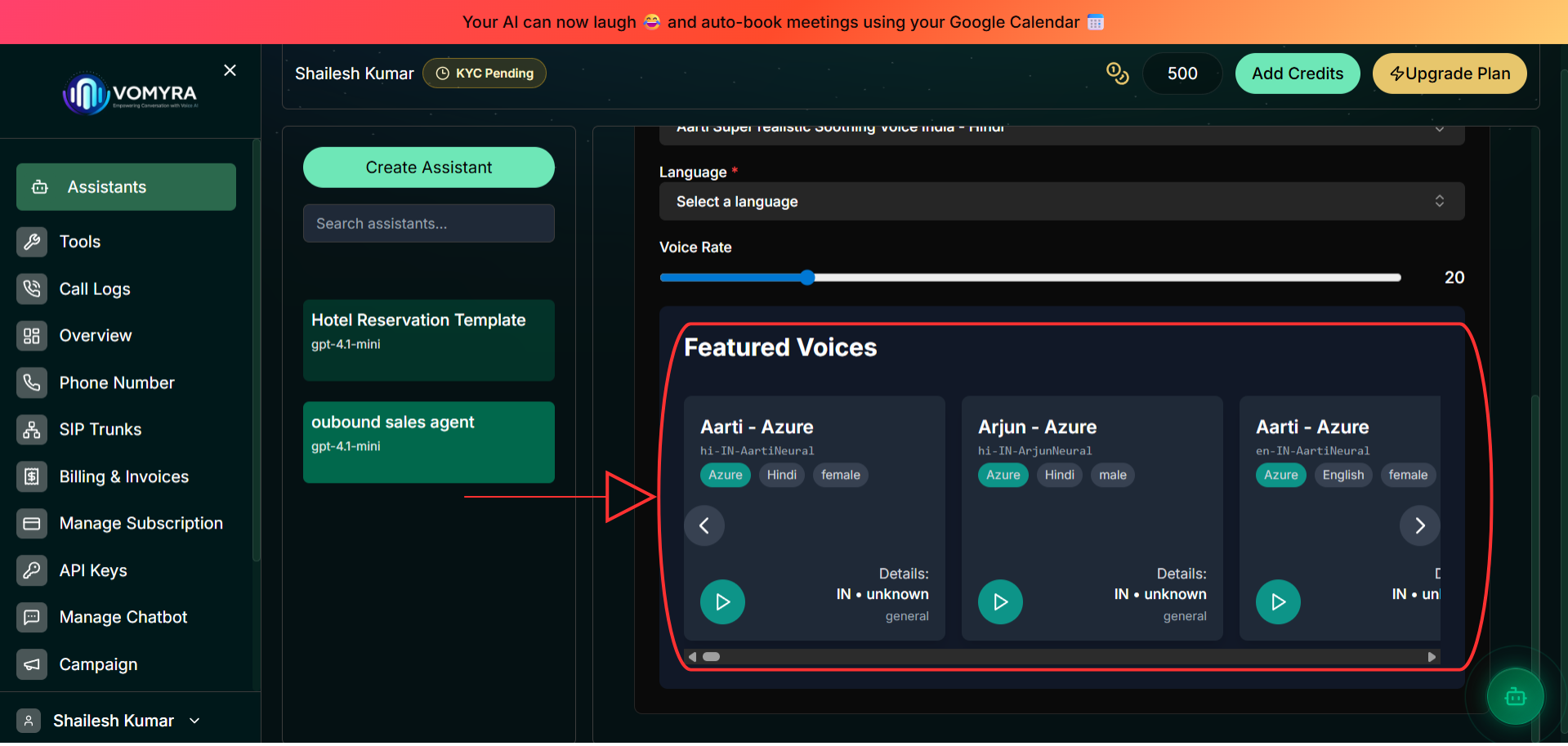 Featured Voices grid showing voice cards: Aarti - Azure, Ariun - Azure, and others with play preview buttons