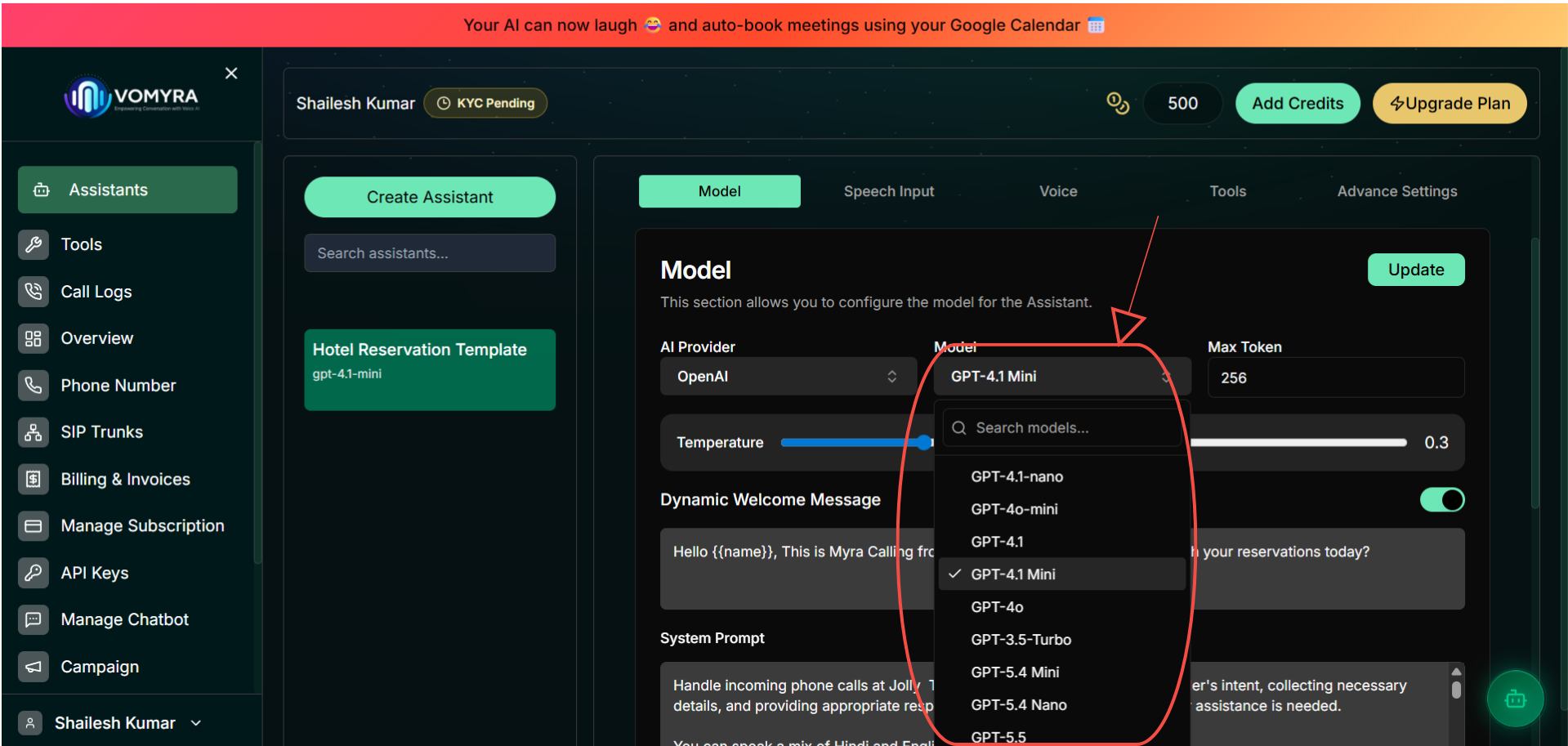 Model dropdown expanded showing GPT-4.1 Nano, GPT-4o-mini, GPT-4.1, GPT-4.1 Mini (selected), GPT-4o, GPT-3.5-Turbo, GPT-5.4 Mini, GPT-5.4 Nano, GPT-5.5