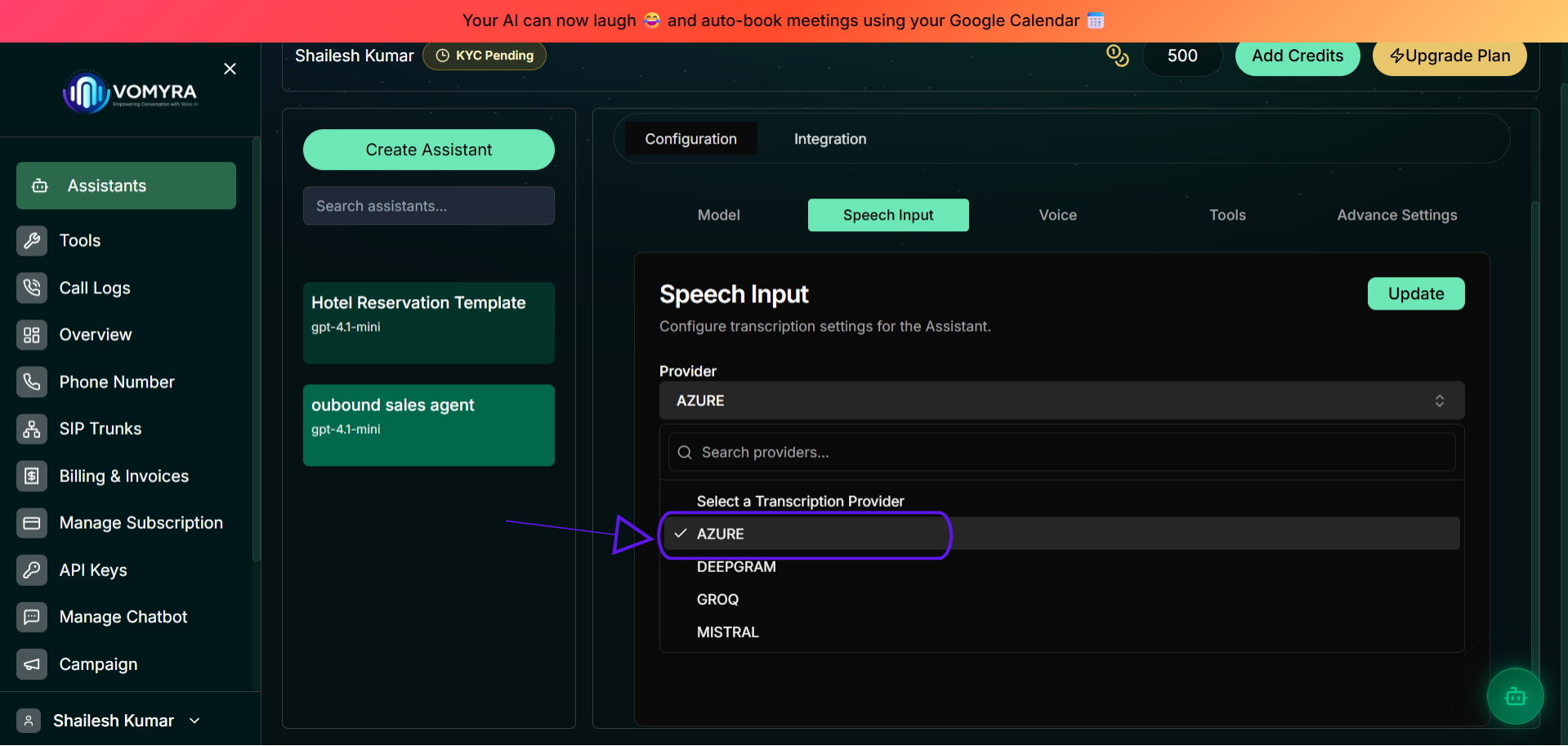 Speech Input tab showing Provider dropdown with AZURE selected (highlighted blue) and other options: DEEPGRAM, OPENAI, GROQ, MISTRAL