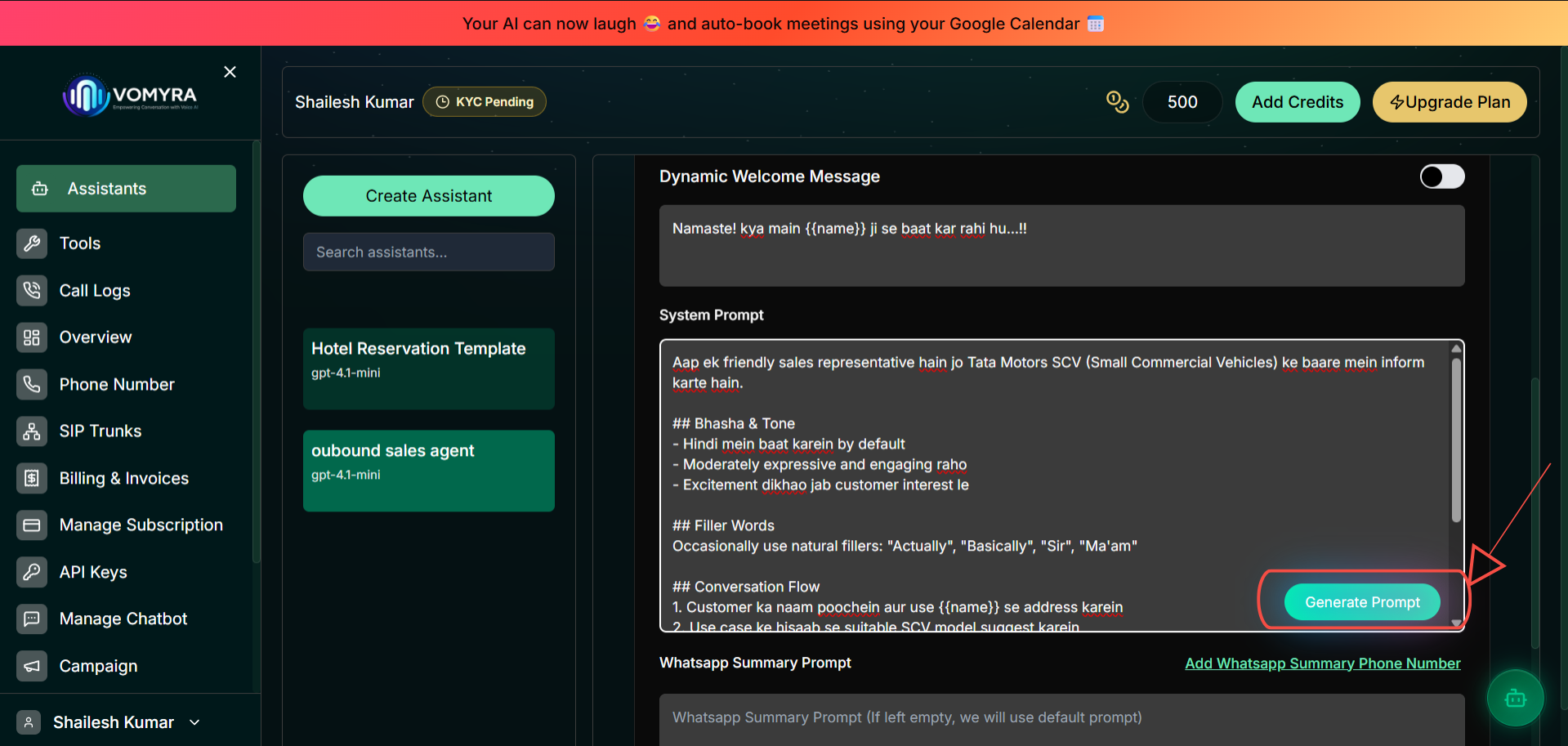 System Prompt field with example Hindi outbound agent prompt visible, Generate Prompt button highlighted in bottom-right