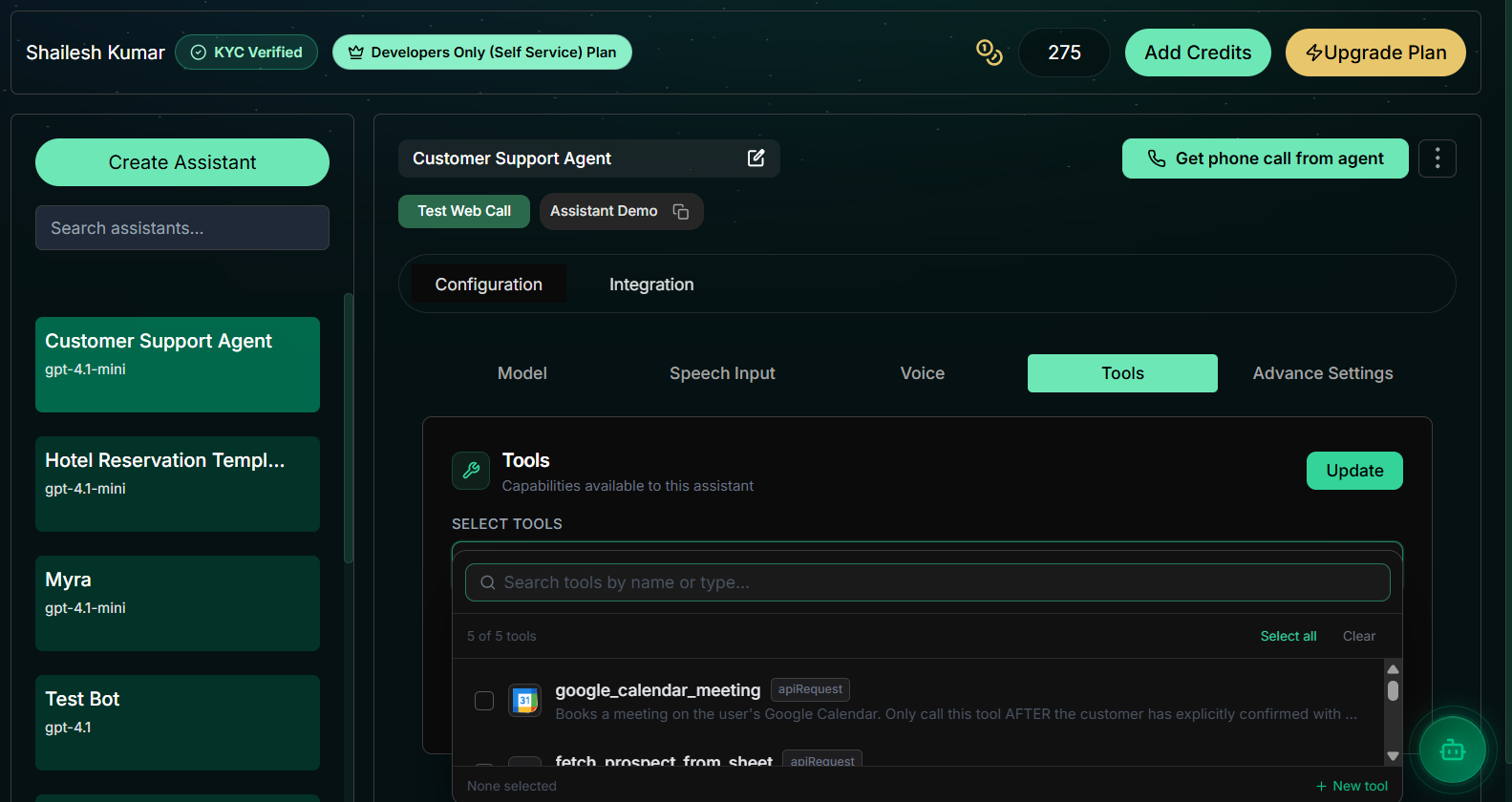 Tools tab showing available tool types and configuration options