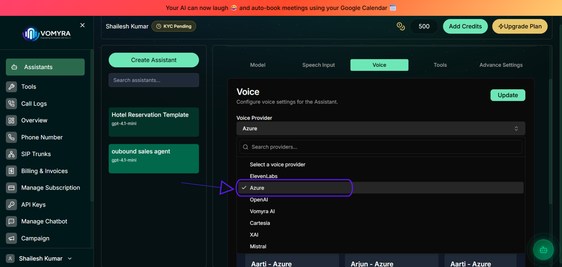 Voice tab showing Voice Provider dropdown with Azure selected. Other options: ElevenLabs, OpenAI, Vomyra AI, Cartesia, XAI, Mistral