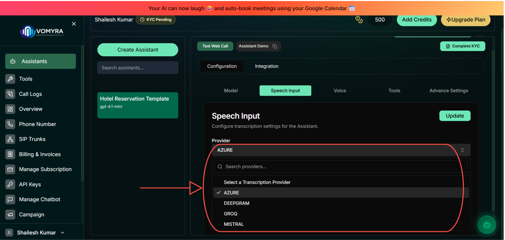 Speech Input tab showing provider dropdown with Azure selected and highlighted