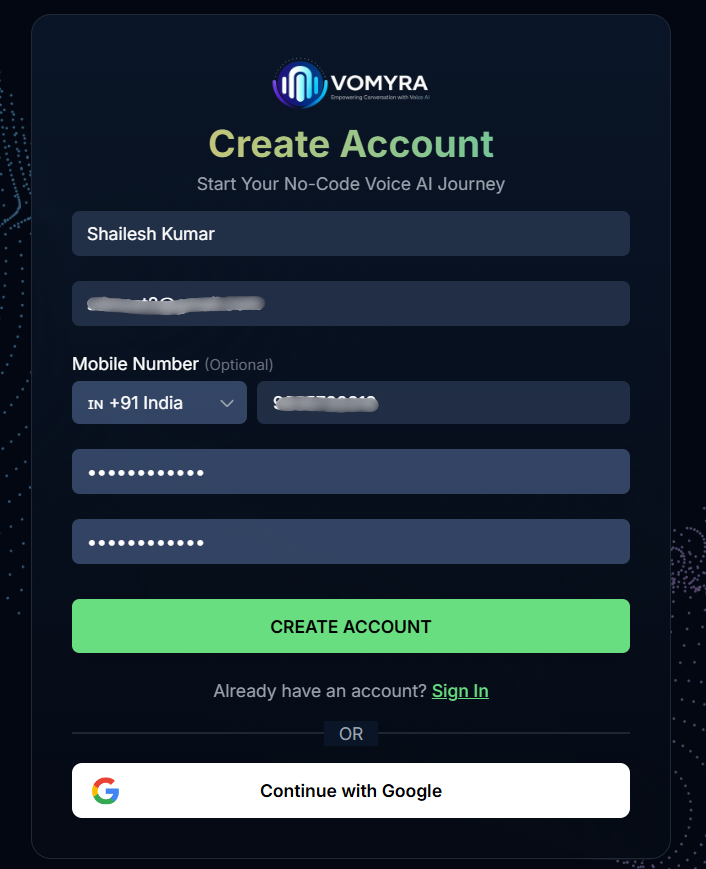 Vomyra Create Account screen with signup fields and Google sign-in option