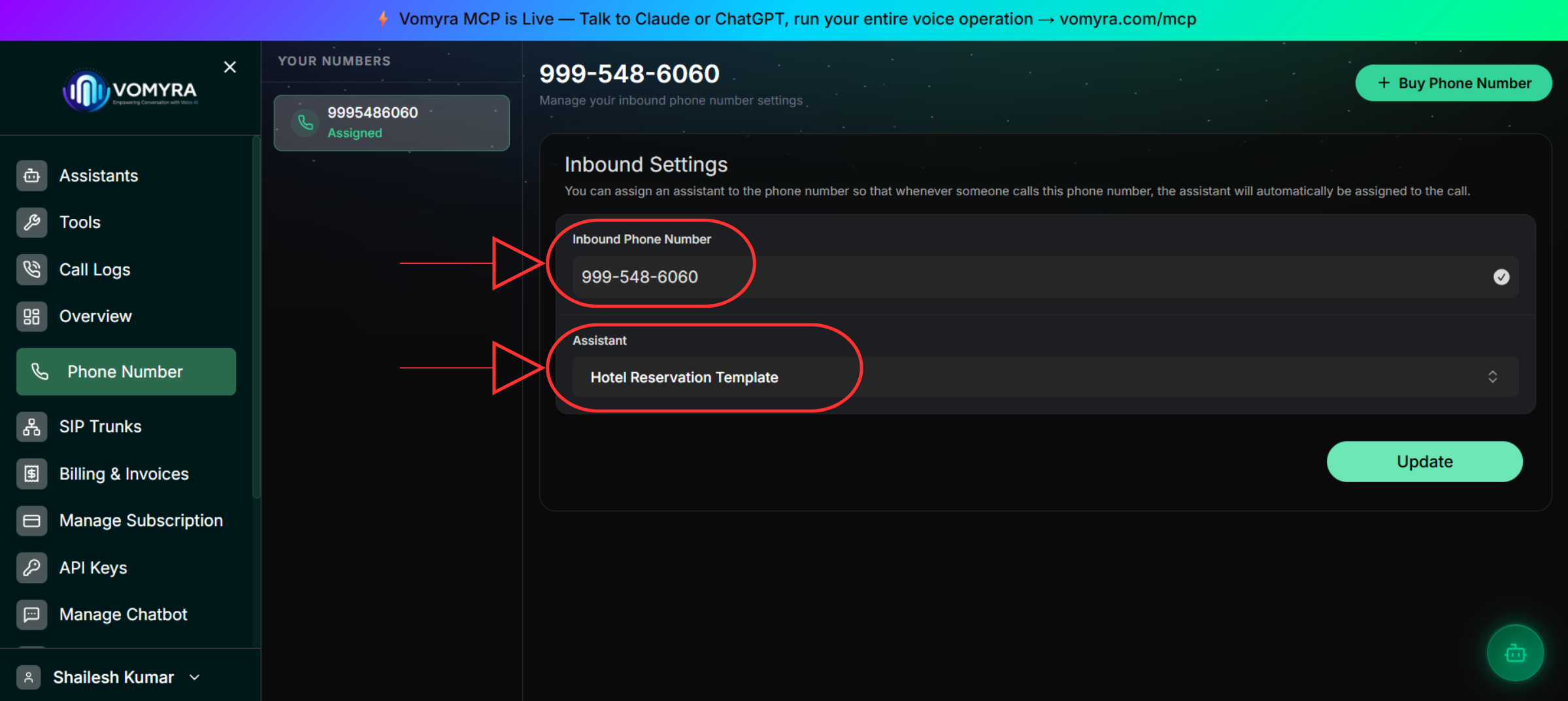 Phone Numbers page showing inbound settings with assistant dropdown
