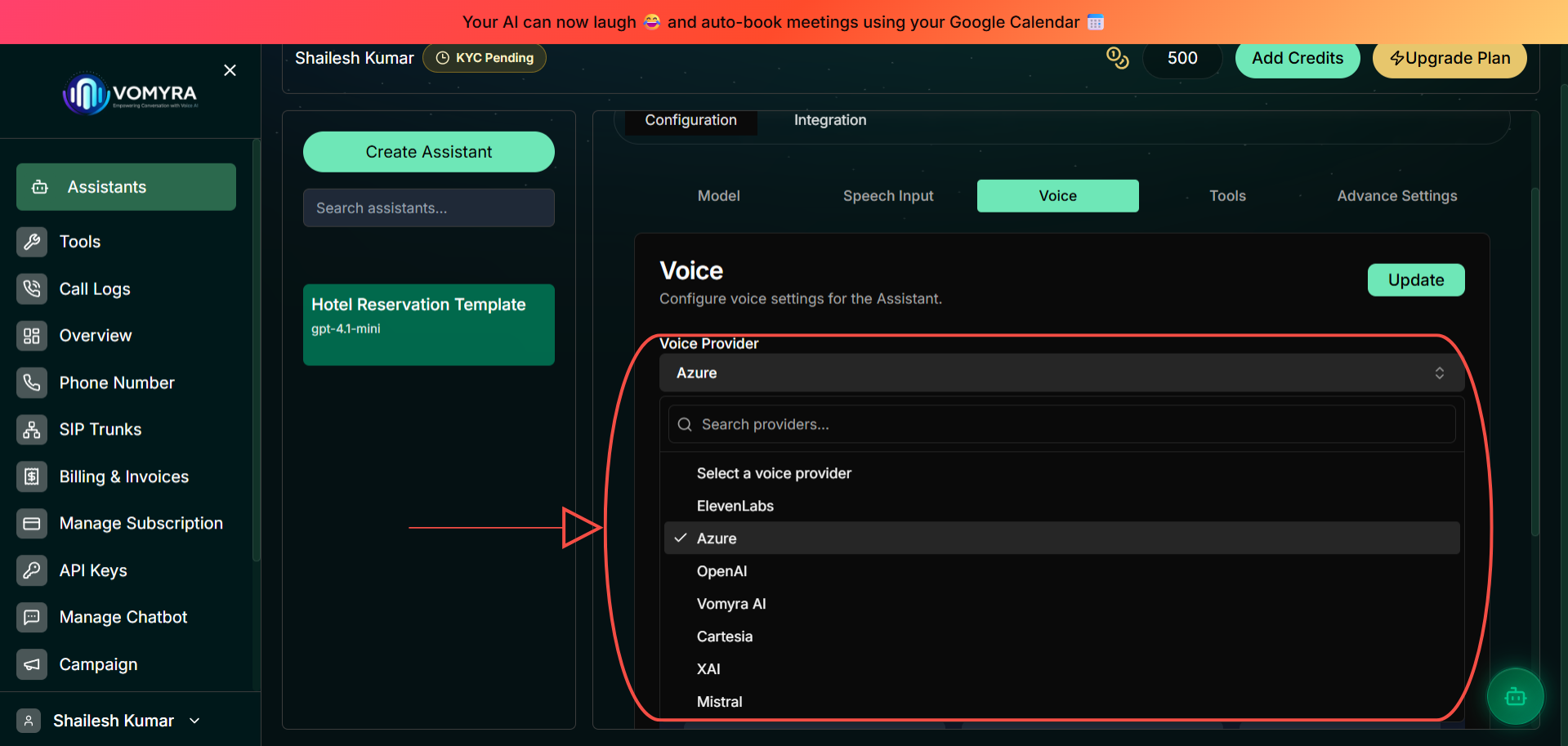 Voice tab showing provider dropdown with Azure selected and highlighted