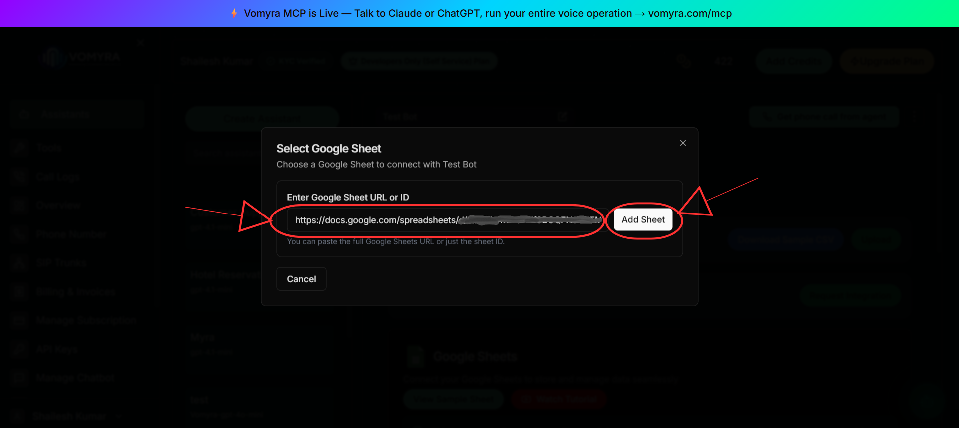 Select Google Sheet modal with a URL input field and Add Sheet button
