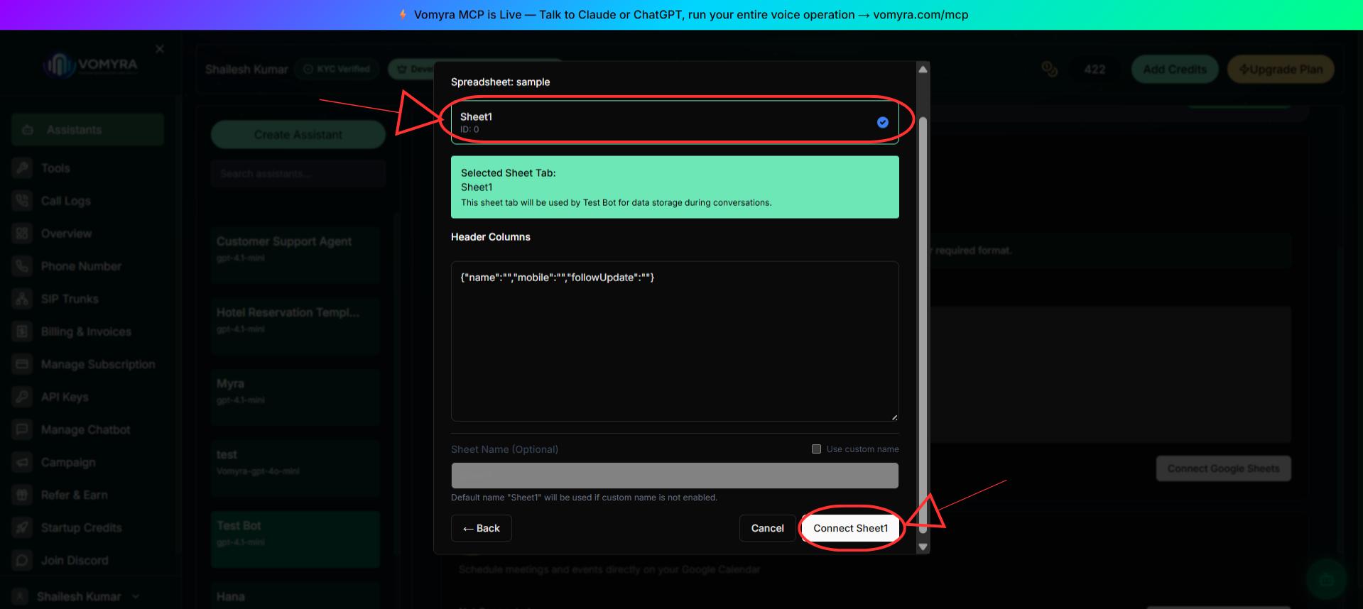Sheet tab selection modal showing Sheet1 selected with detected header columns and Connect Sheet button