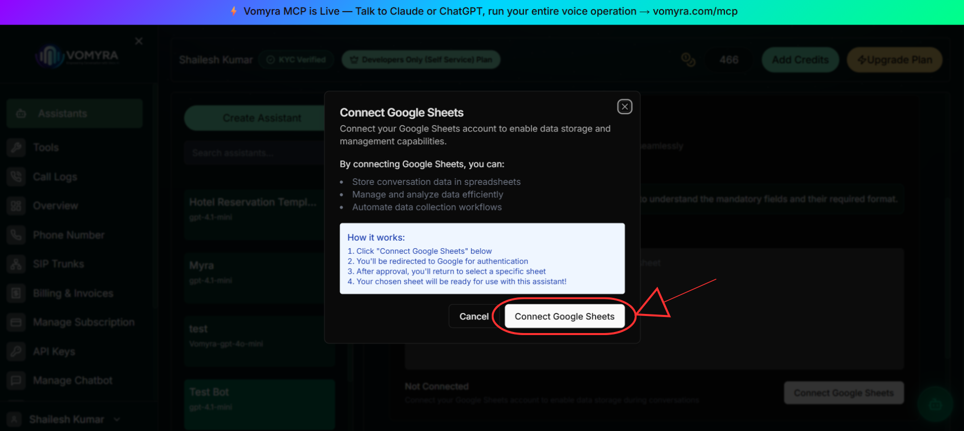Connect Google Sheets modal explaining what the integration does, with a Connect Google Sheets button