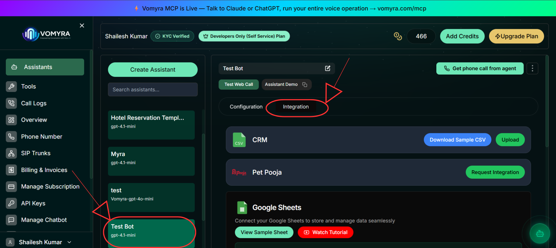 Assistant configuration panel with the Integration tab selected, showing CRM, Pet Pooja, and Google Sheets integration options