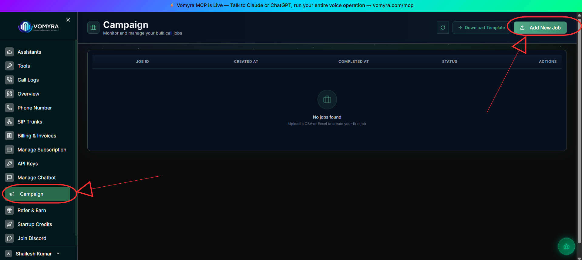 Campaign dashboard with the Campaign menu and Add New Job button highlighted