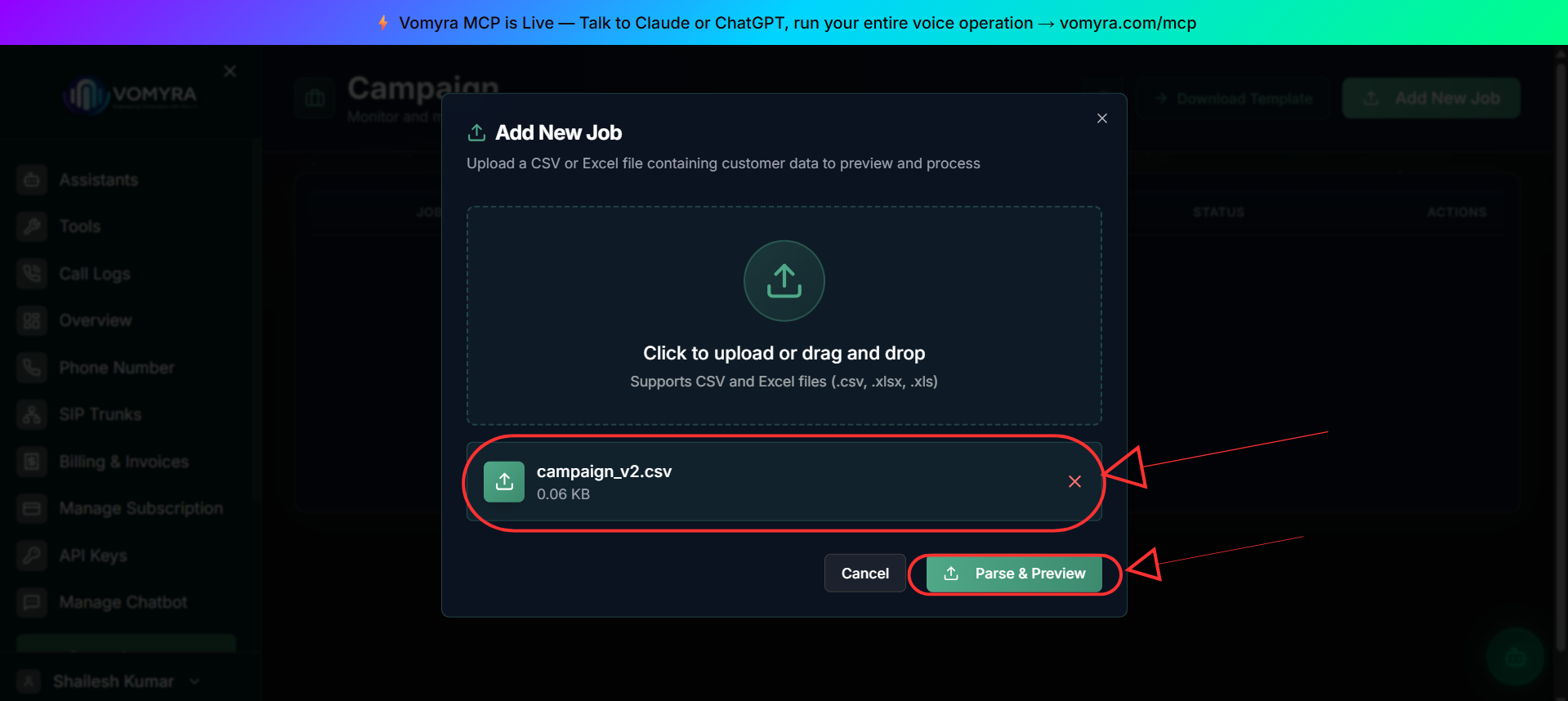 Uploaded CSV file with the Parse and Preview button enabled
