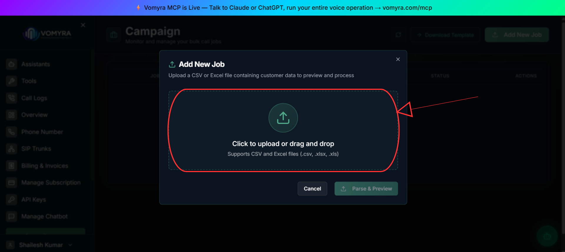 Add New Job modal showing the upload area for a new campaign job