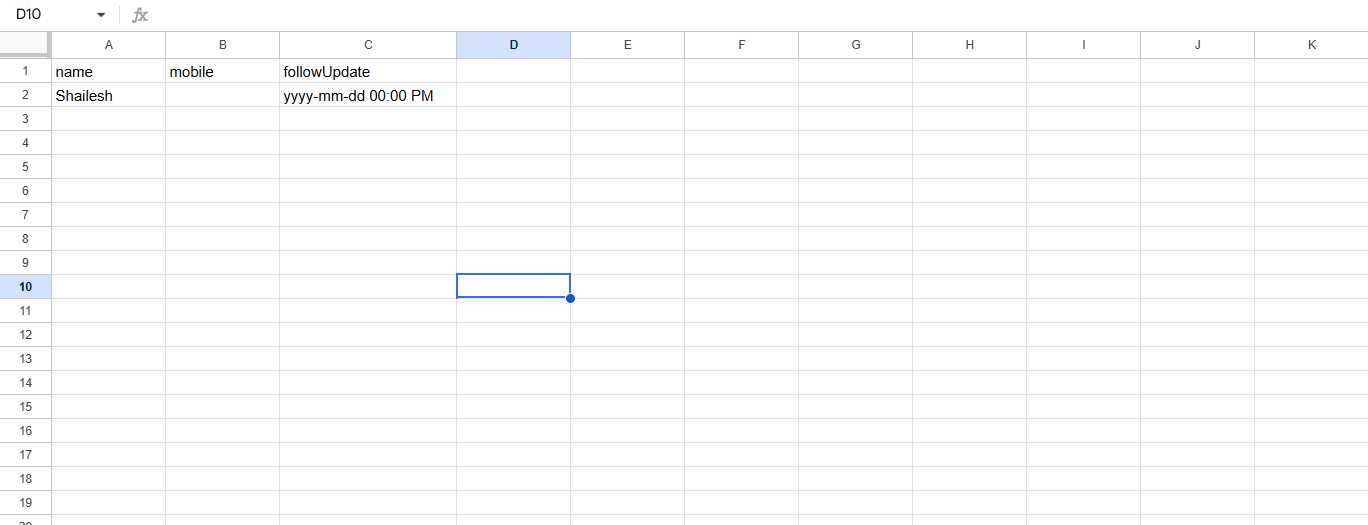 Google Sheet with Name, Mobile, and followUpdate headers and sample contact rows