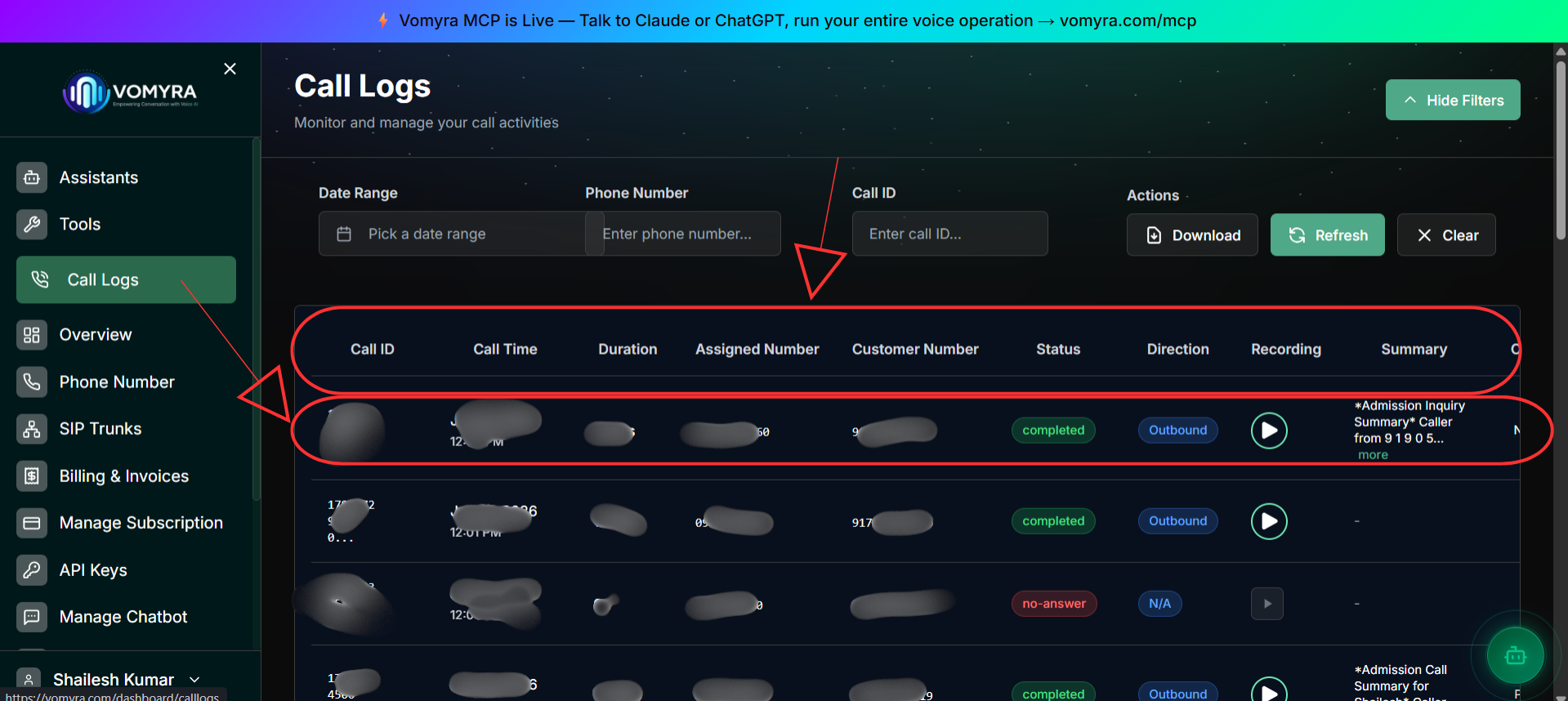 Call Logs table showing call history with transcript, recording, and outcome columns