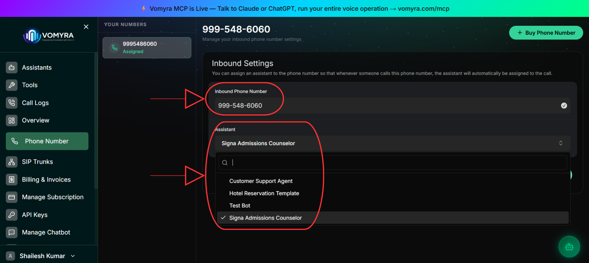 Inbound Settings panel — assistant dropdown and fallback behaviour options