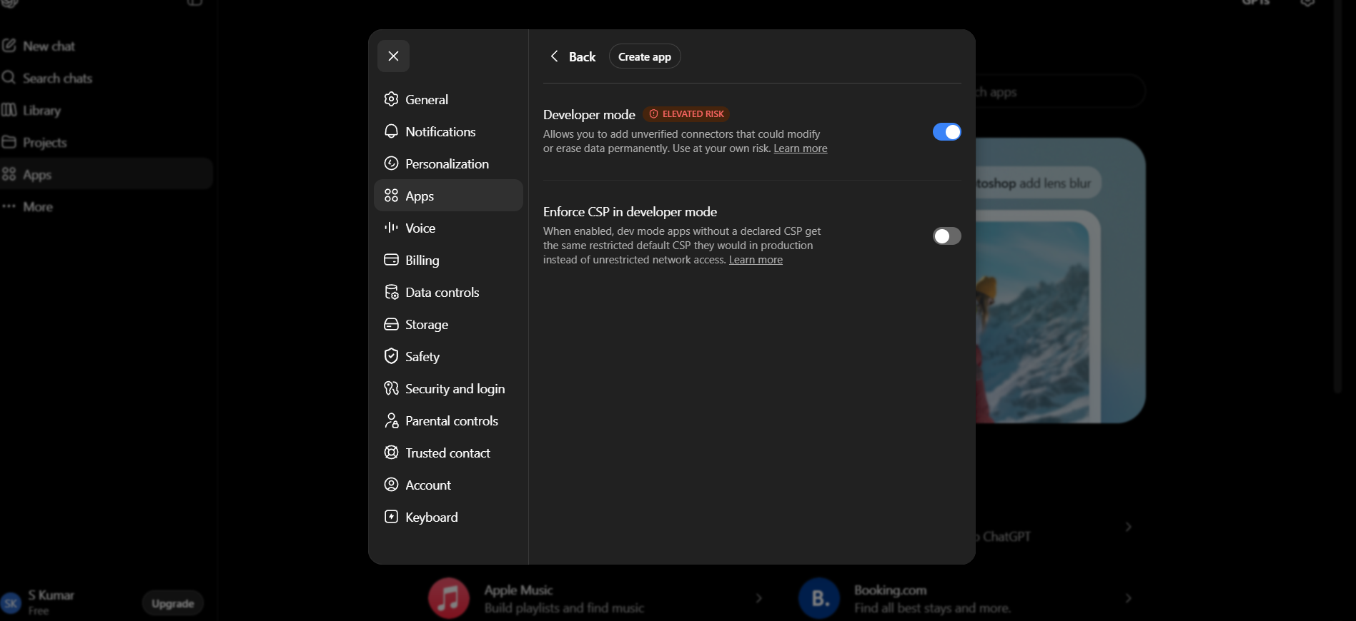 Turn on developer mode in ChatGPT settings