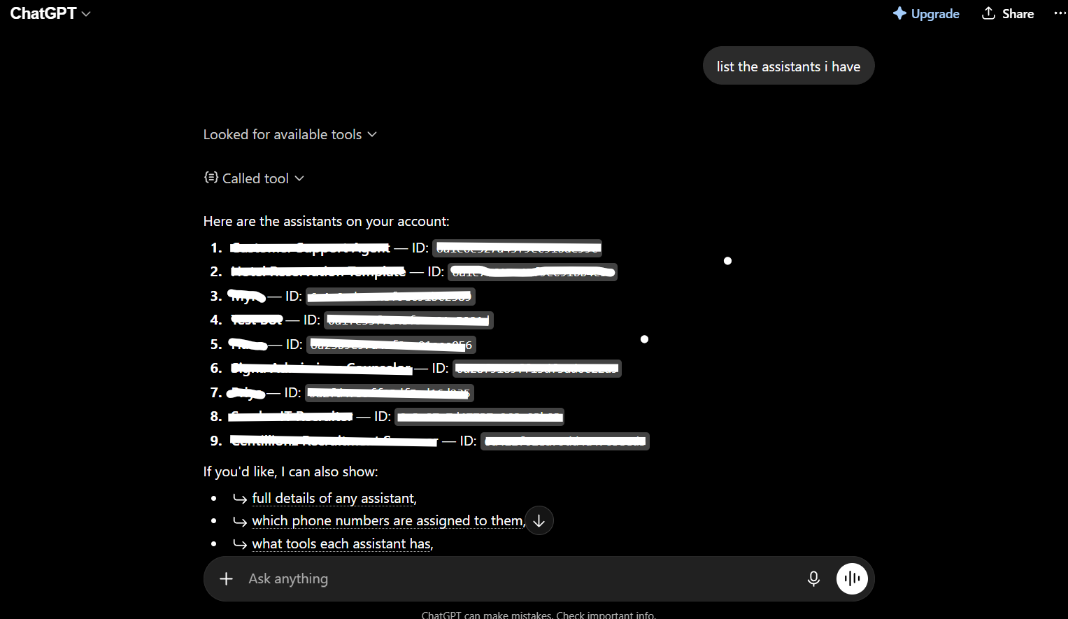 Verify connection by listing Vomyra assistants in ChatGPT