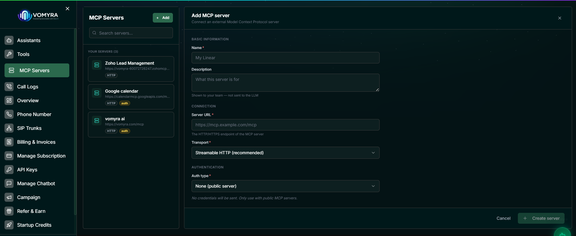 Vomyra � Add MCP Server form showing name, description, server URL, transport selector set to Streamable HTTP, and auth type dropdown