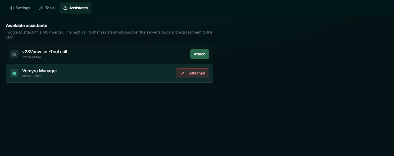 Vomyra � MCP server Assistants tab showing two assistants: Vomyra Manager with an Attached status and v23Vanvaso with an Attach button