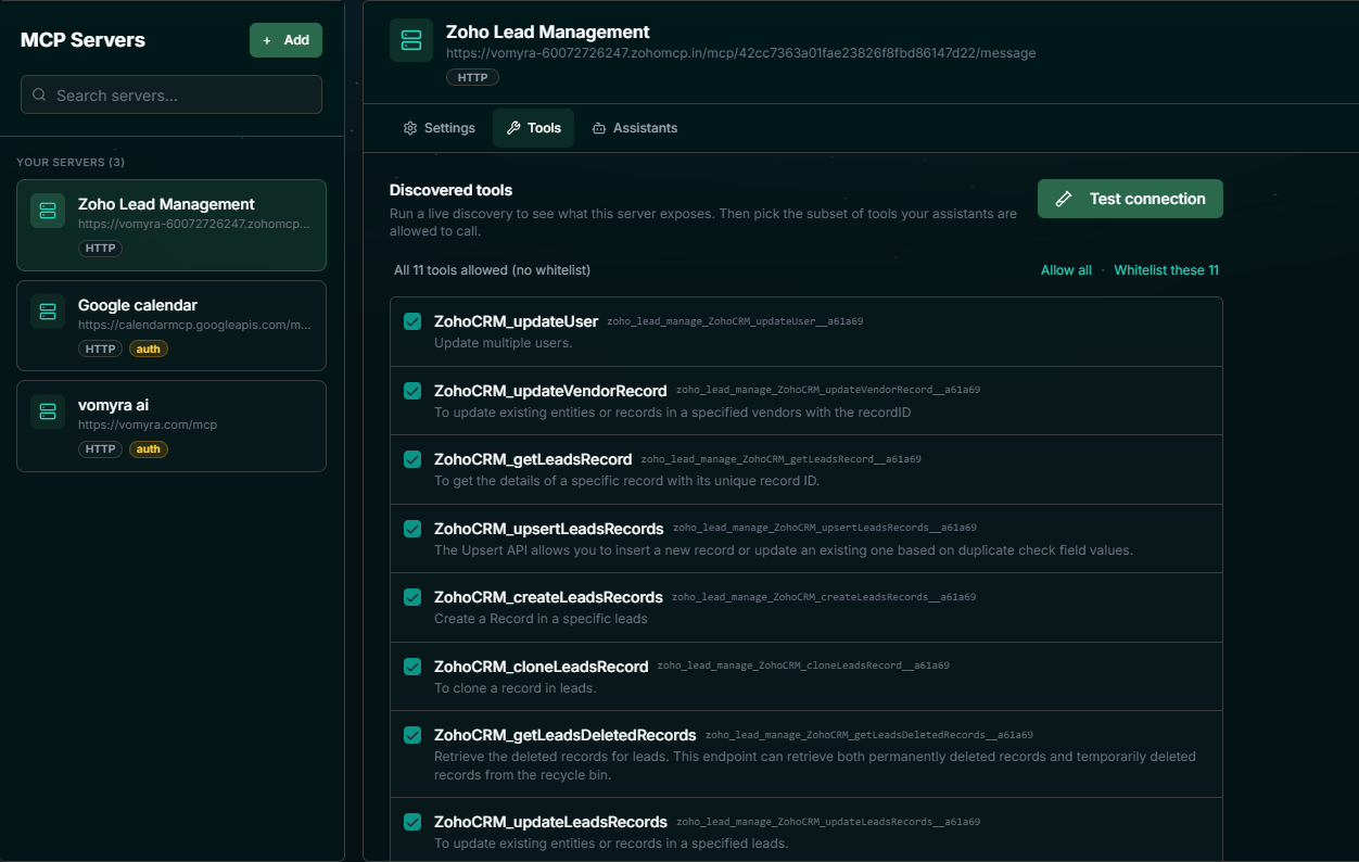 Vomyra � MCP server Tools tab after a successful test connection showing 11 discovered Zoho CRM tools with their adapted names and descriptions