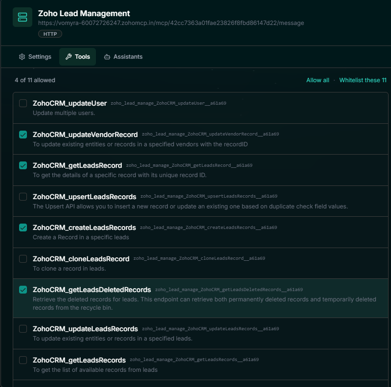 Vomyra � MCP server tool whitelist showing individual checkboxes with 4 of 11 tools selected including ZohoCRM_updateVendorRecord and ZohoCRM_getLeadsRecord