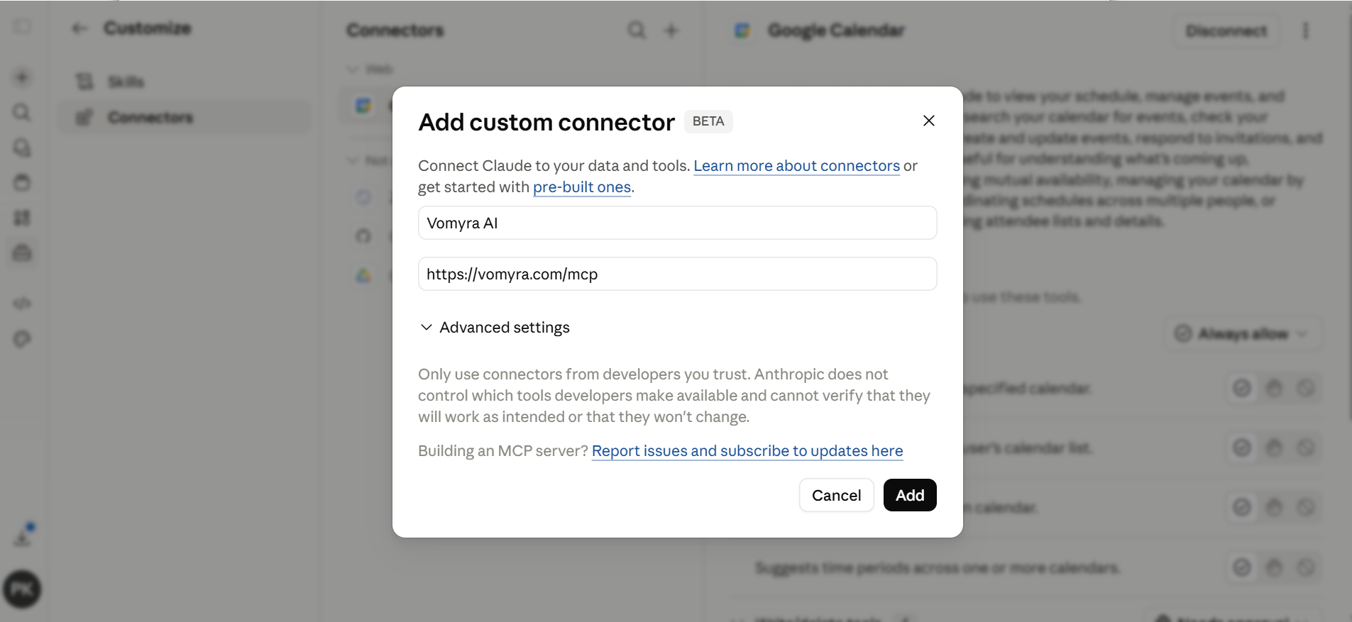 claude.ai Add custom connector dialog showing Vomyra as the connector name and https://vomyra.com/mcp as the server URL