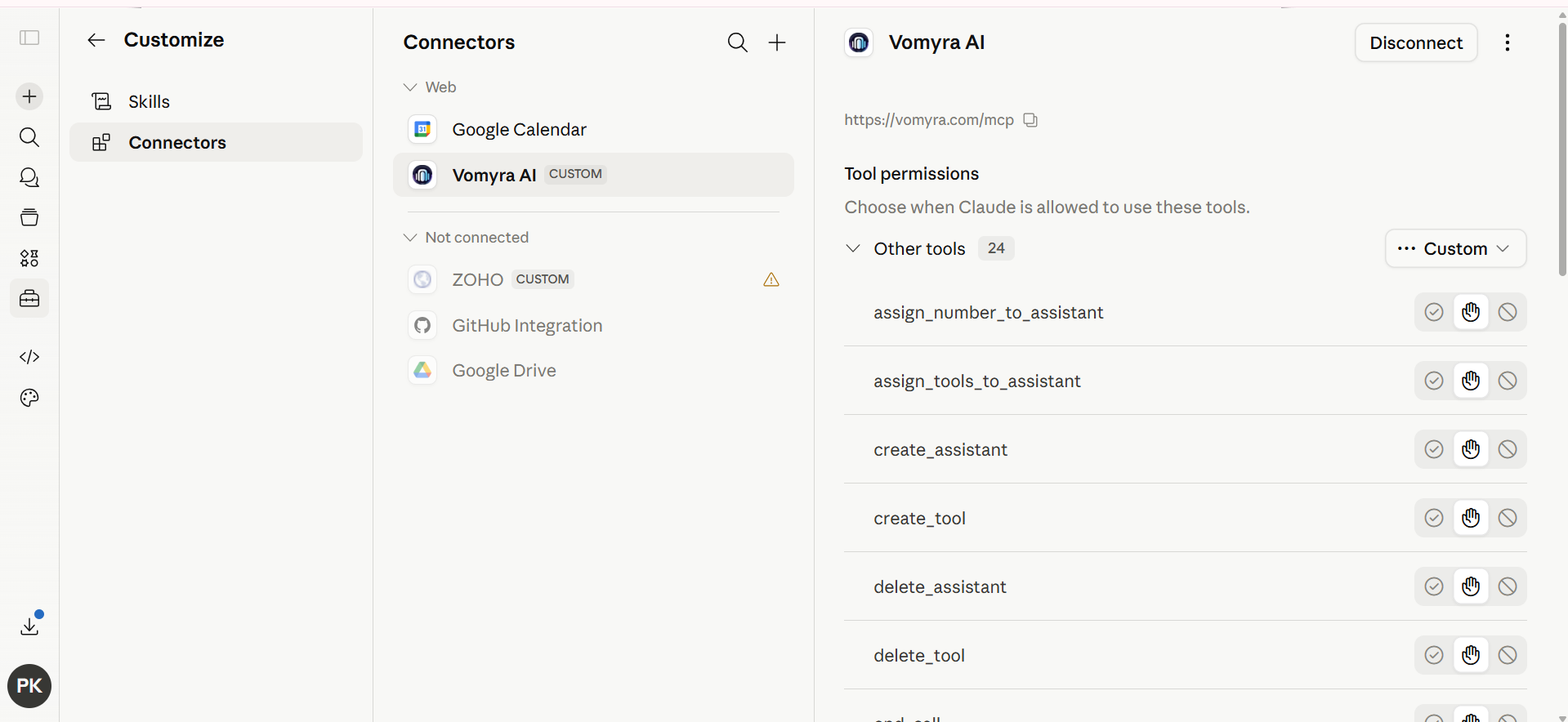 claude.ai Connectors sidebar showing Vomyra AI listed as a connected custom integration alongside Google Calendar