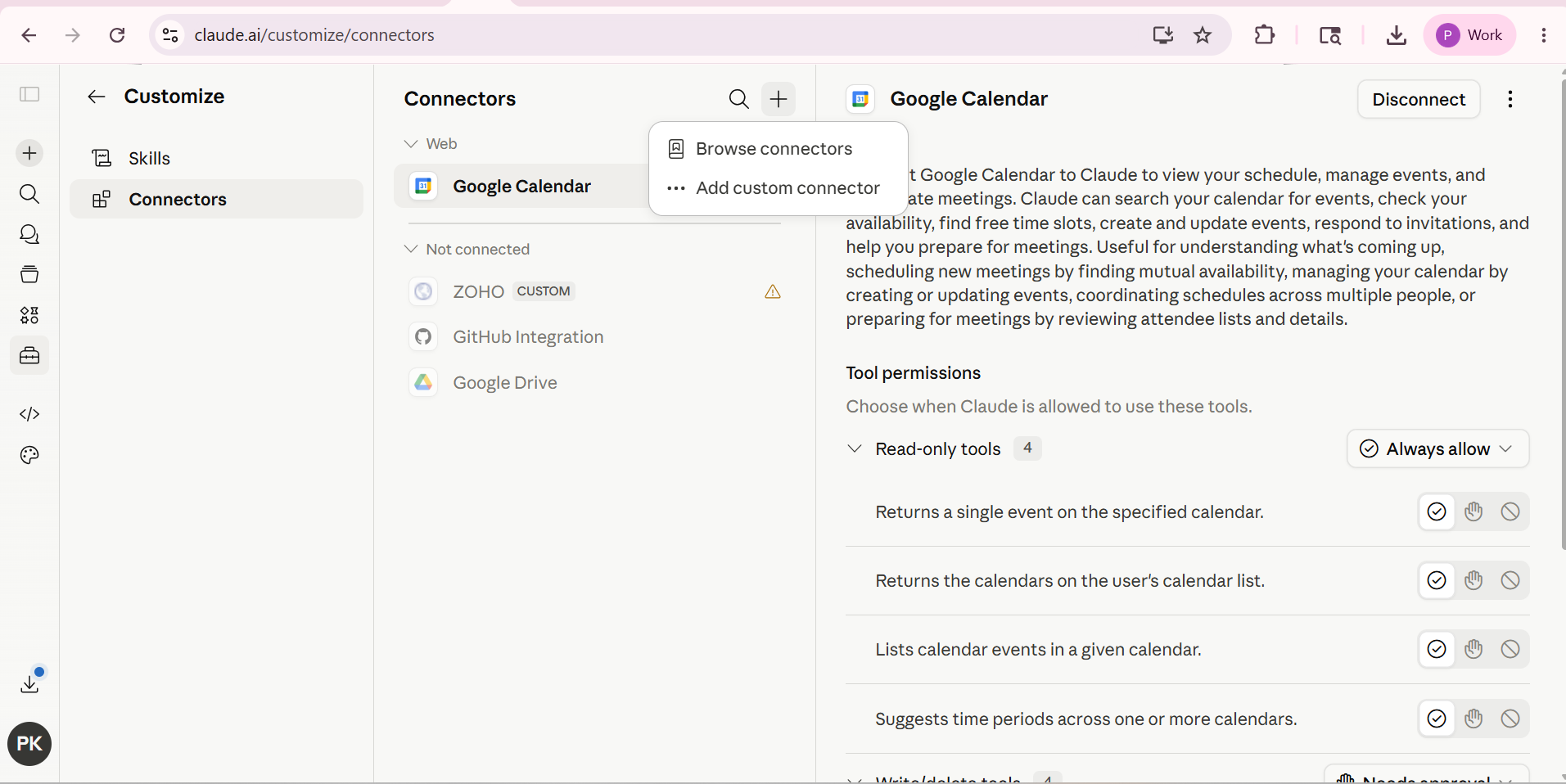 claude.ai Settings ? Connectors page showing connected integrations and the Add custom connector option in the sidebar