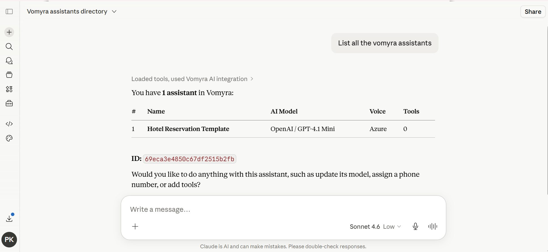 Claude.ai conversation in action � user asks to list all Vomyra assistants and Claude responds with a table showing Hotel Reservation Template using OpenAI GPT-4.1 Mini and Azure voice