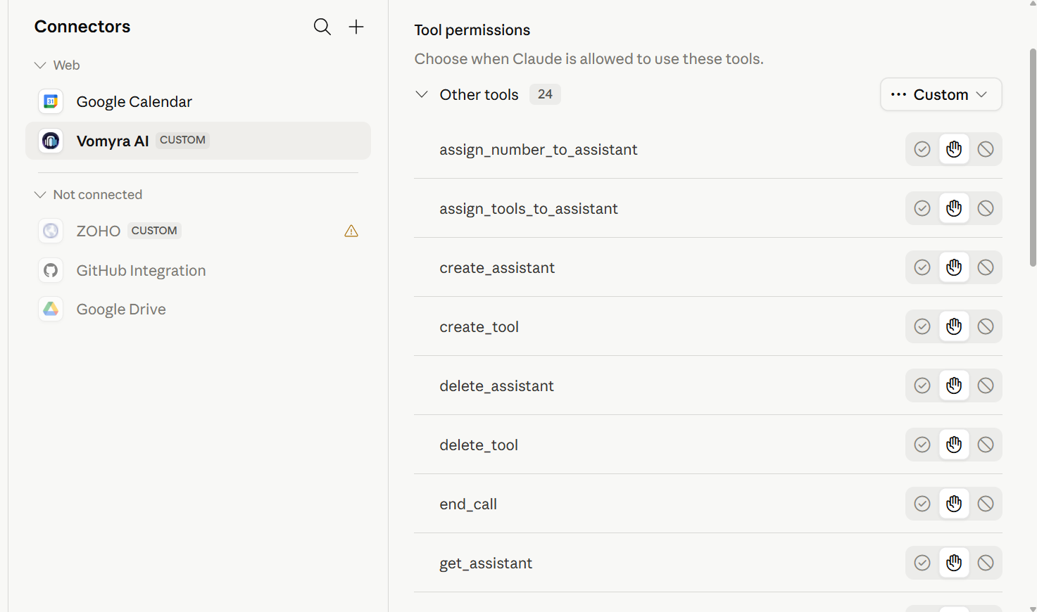 claude.ai showing Vomyra AI connected with 24 tools listed in the Tool permissions panel including assign_number_to_assistant, create_assistant, delete_tool, end_call and more