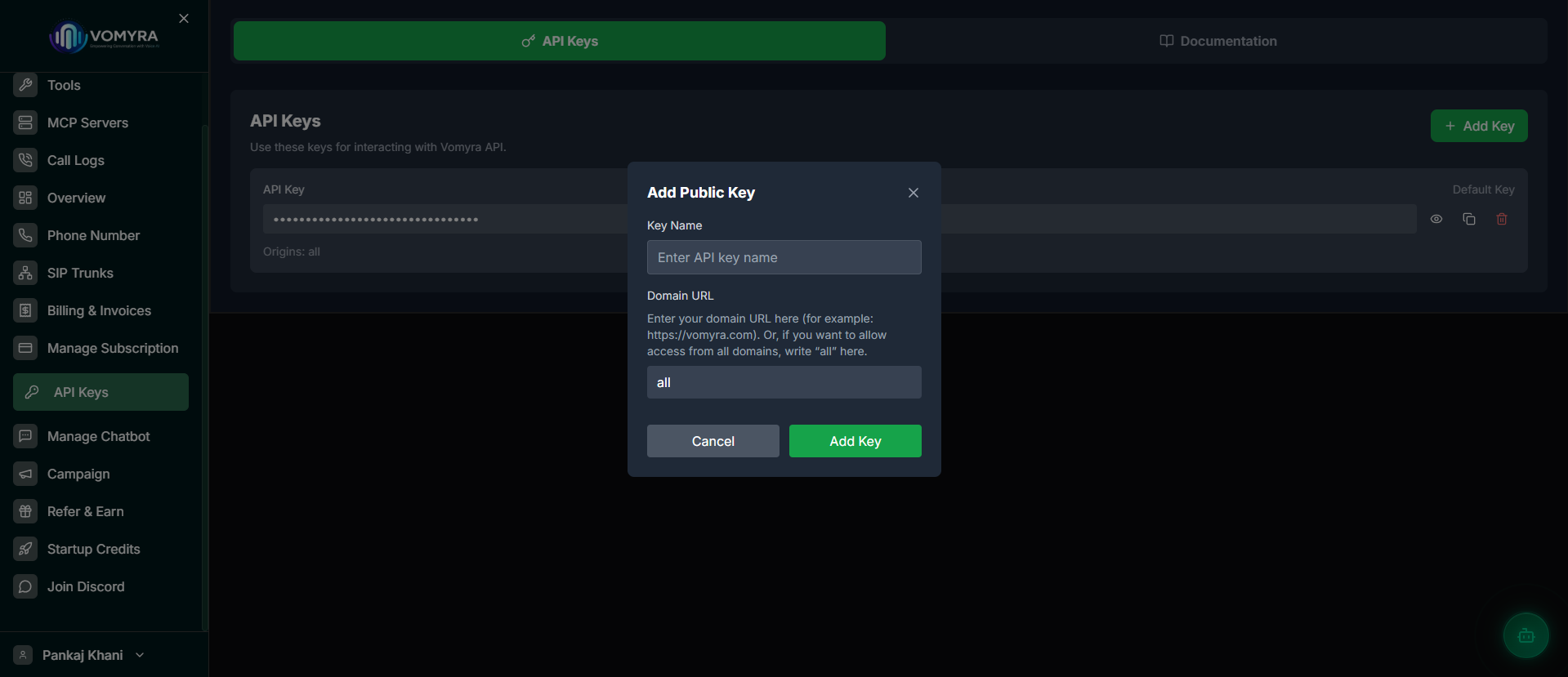 Vomyra Dashboard � Add Public Key dialog showing the Key Name field and Domain URL field for restricting API key access
