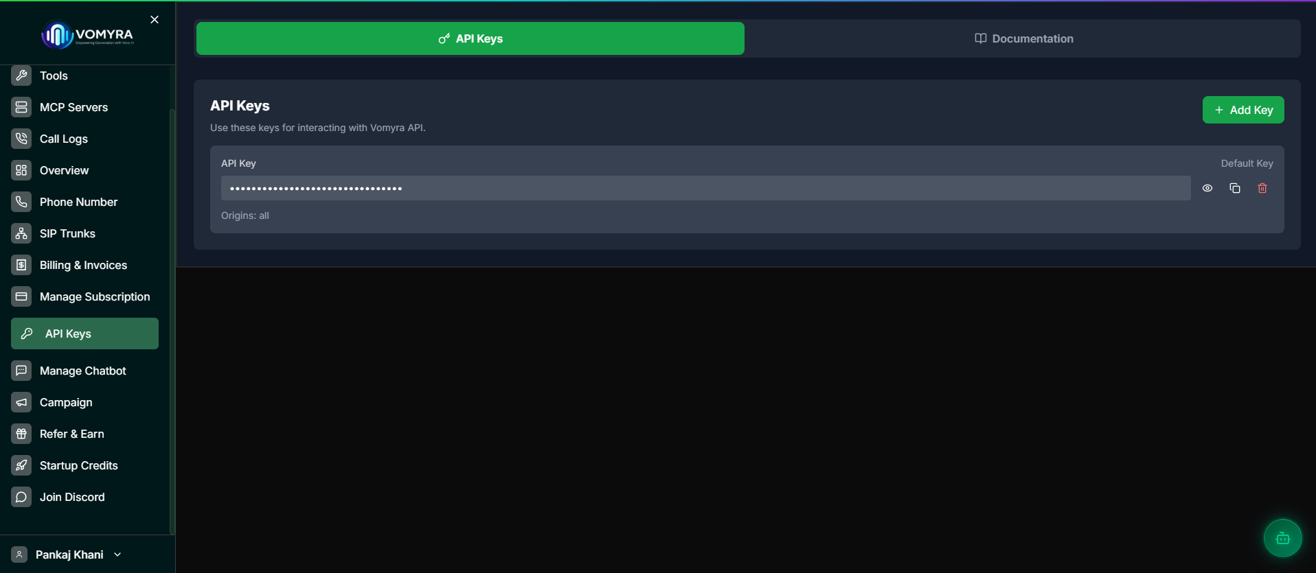 Vomyra Dashboard � API Keys page showing an existing masked API key with the Add Key button in the top right