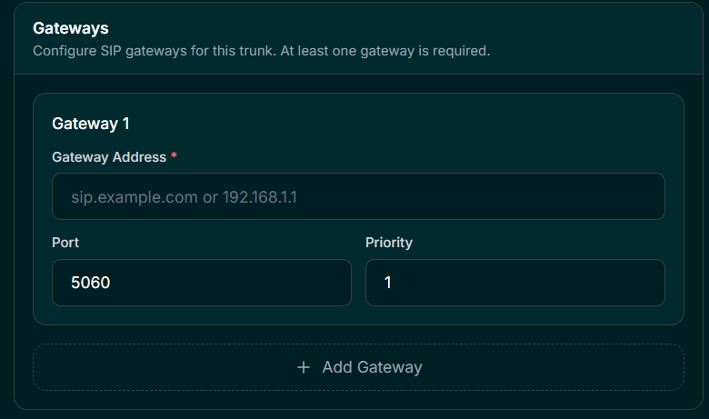 Vomyra dashboard — Add SIP Trunk gateway field