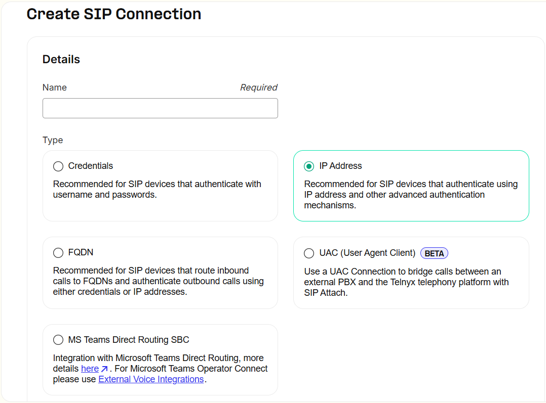 Telnyx SIP Trunk creation — selecting IP Address option