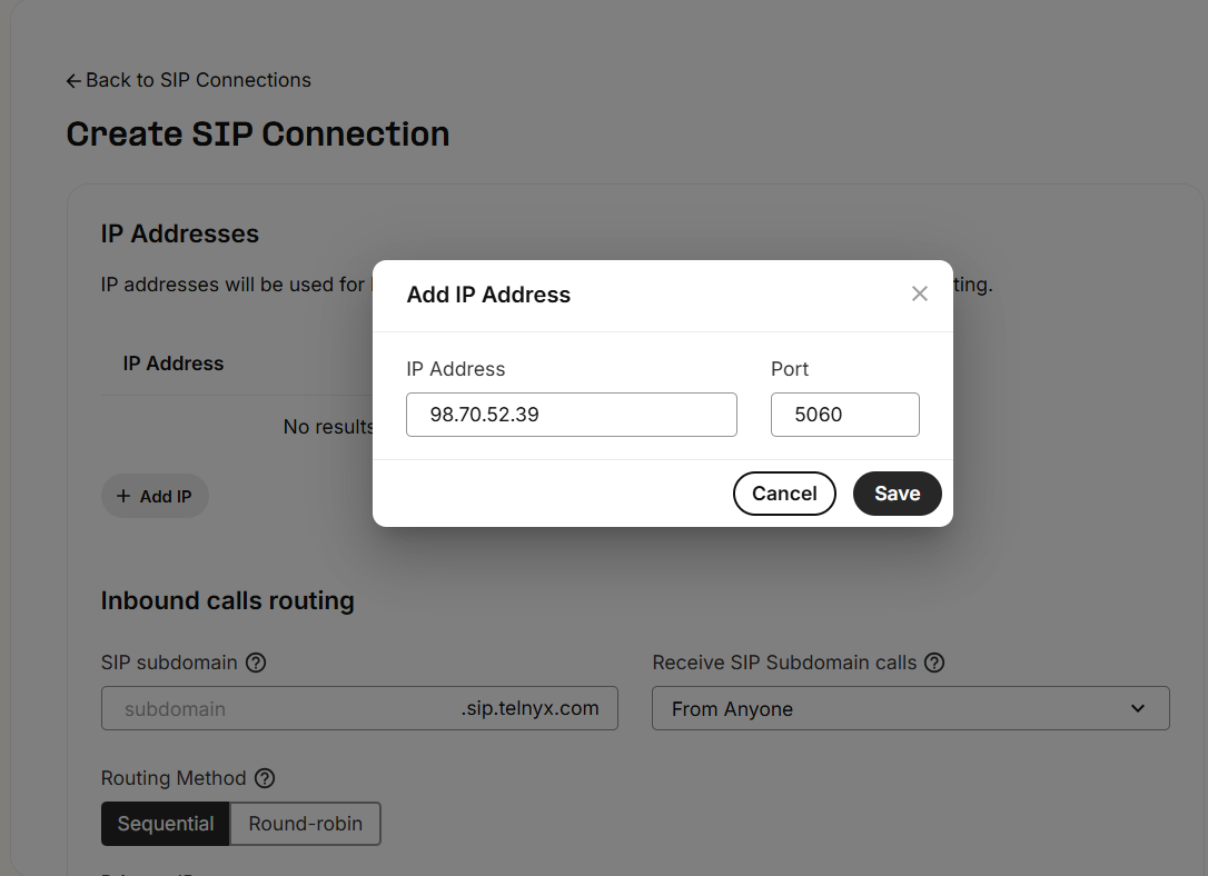 Telnyx SIP Trunk — IP address configuration fields