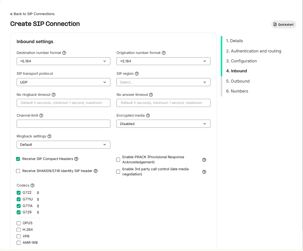 Telnyx SIP Trunk inbound settings configuration