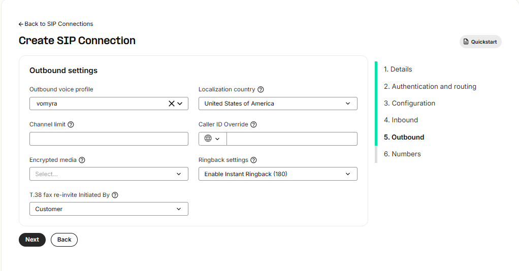 Telnyx outbound voice profile settings
